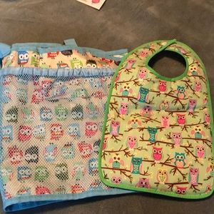 Adorable cloth owl bib and mesh car organizer.